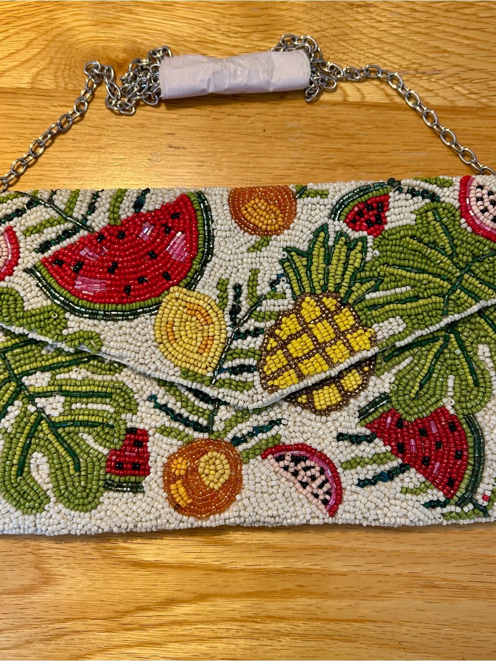 Beaded Tropical Fruit Crossbody Clutch - White, Green & Yellow